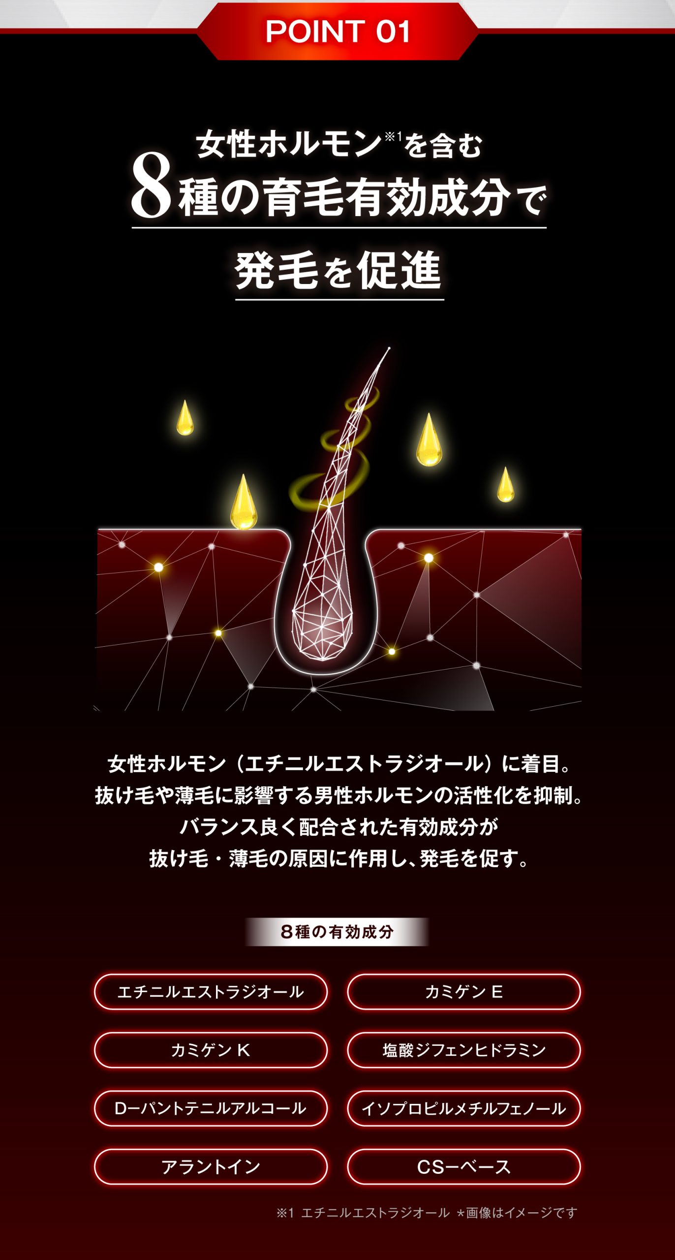 育毛,育毛有効成分,発毛,発毛促進,抜け毛,薄毛,男性ホルモン,有効成分,8種の有効成分,カミゲンK,カミゲンE,D-パントテニルアルコール,アラントイン,塩酸ジフェンヒドラミン,イソプロピルメチルフェノール,CS-ベース